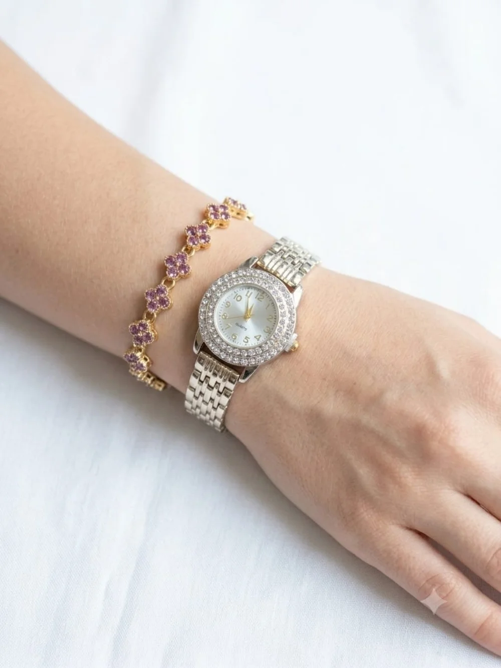 Silver Crystal-Accent Women's Watch with Gold-Tone Bracelet
